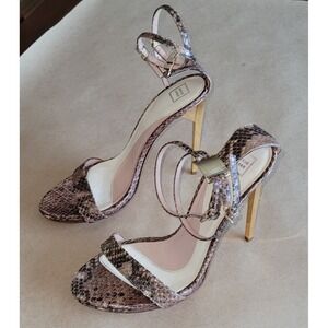 Herve Leger 8 High Heel Brown Leather Snakeskin Strappy Metal Stiletto Sandals